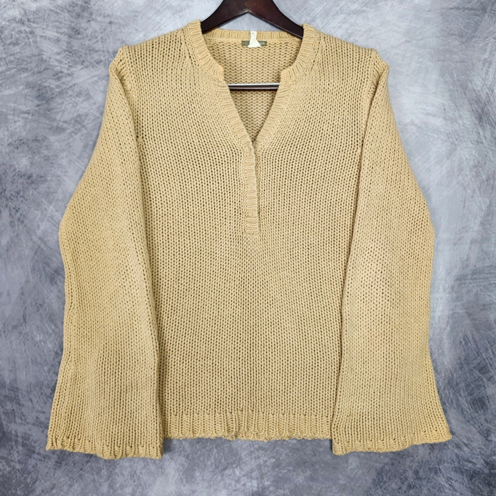 Vintage J Crew Open Knit Bell Sleeve Snap Henley Sweater Camel Cotton 90s Large